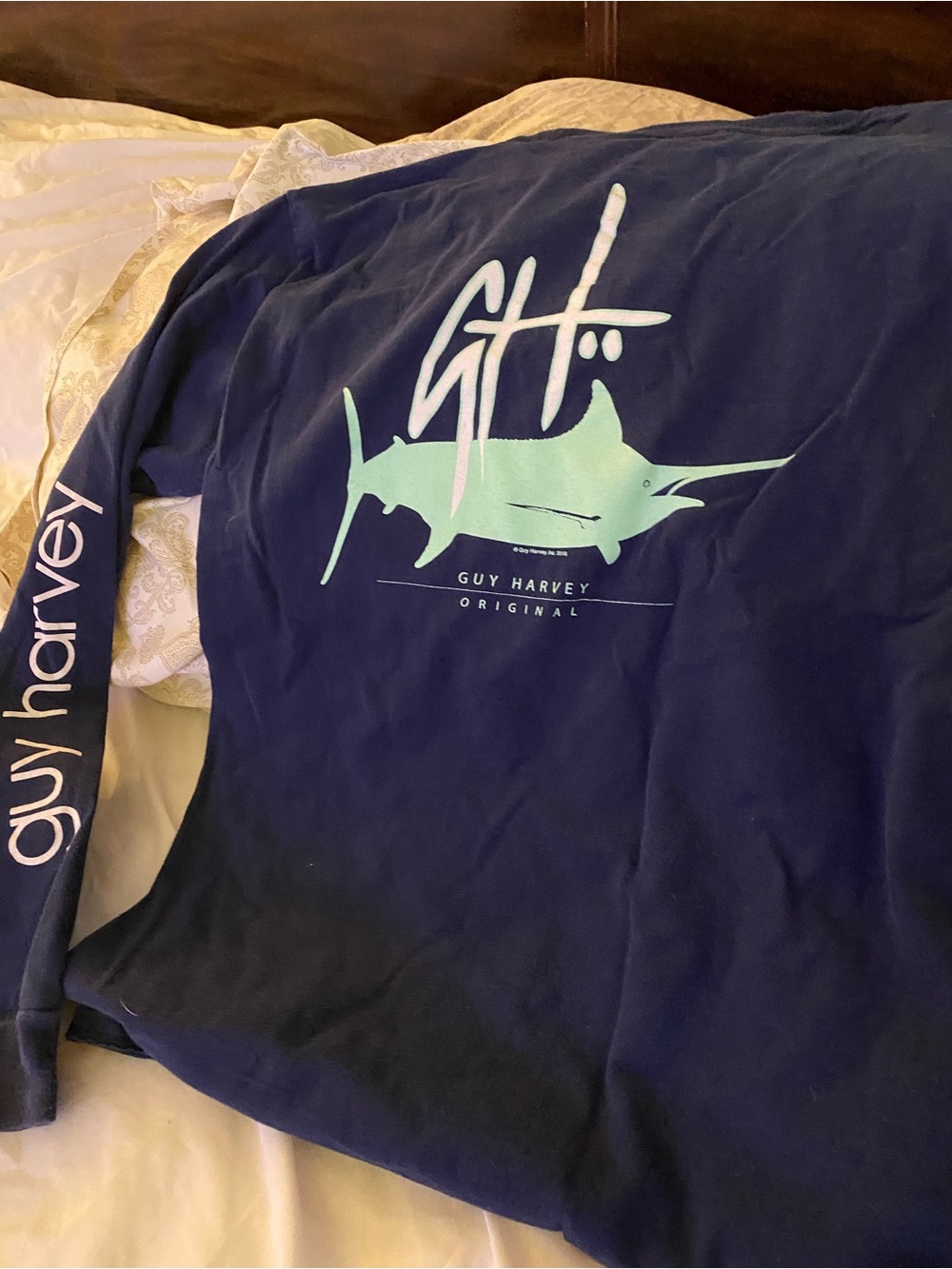 Guy Harvey Navy Long Sleeve Pocket Tee with Sleeve Logo